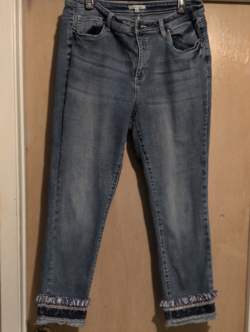 JOHN MARK Women’s Mid Wash Blue Jeans with Frayed Hem